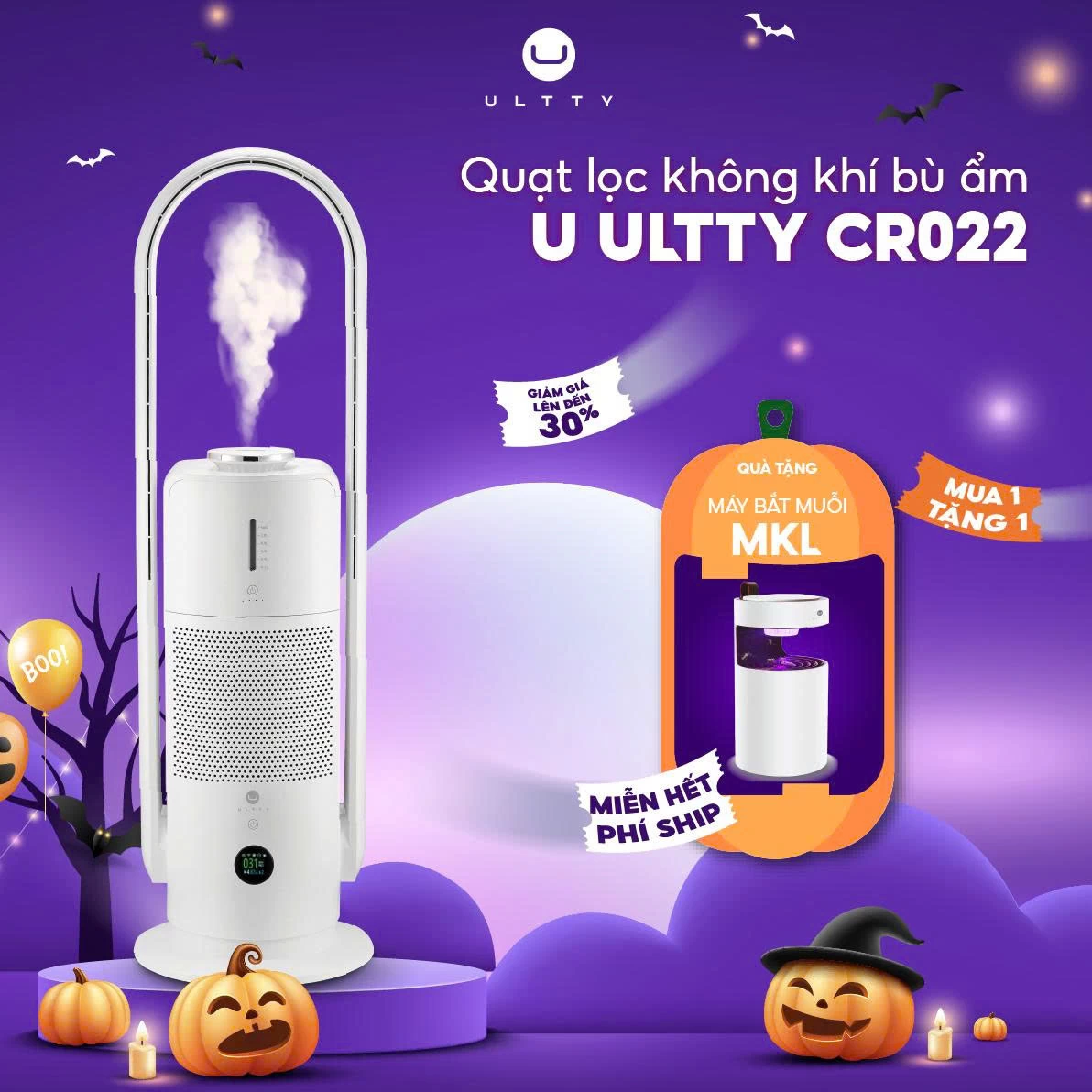 Quạt Lọc Không Khí Bù Ẩm U-ULTTY CR022, Diệt Khuẩn Bằng Tia UV, Công Nghệ Bội Khí, Chế Độ Làm Mát 9 Cấp, Bộ Lọc HEPA H14 Loại Bỏ 99,97% Bụi Mịn, Vi Khuẩn, Virut, Bù Ẩm 3 Cấp