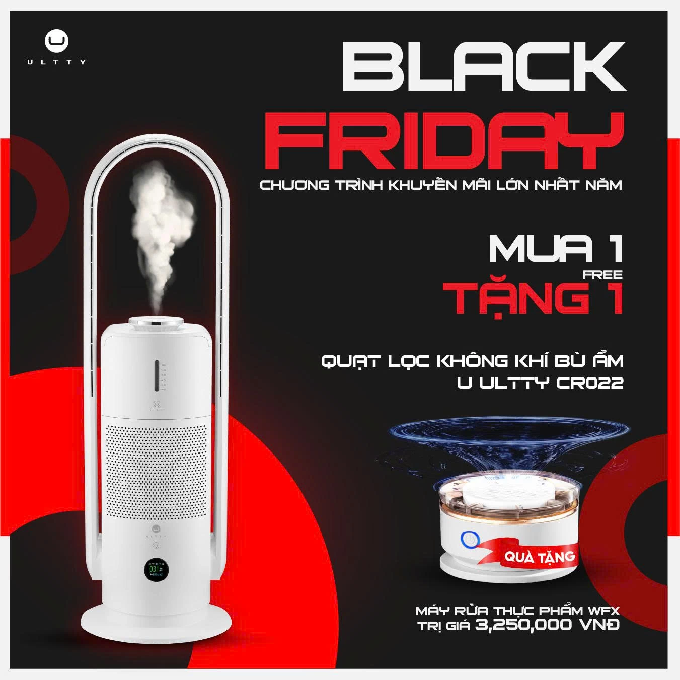 Quạt Lọc Không Khí Bù Ẩm U-ULTTY CR022, Diệt Khuẩn Bằng Tia UV, Công Nghệ Bội Khí, Chế Độ Làm Mát 9 Cấp, Bộ Lọc HEPA H14 Loại Bỏ 99,97% Bụi Mịn, Vi Khuẩn, Virut, Bù Ẩm 3 Cấp