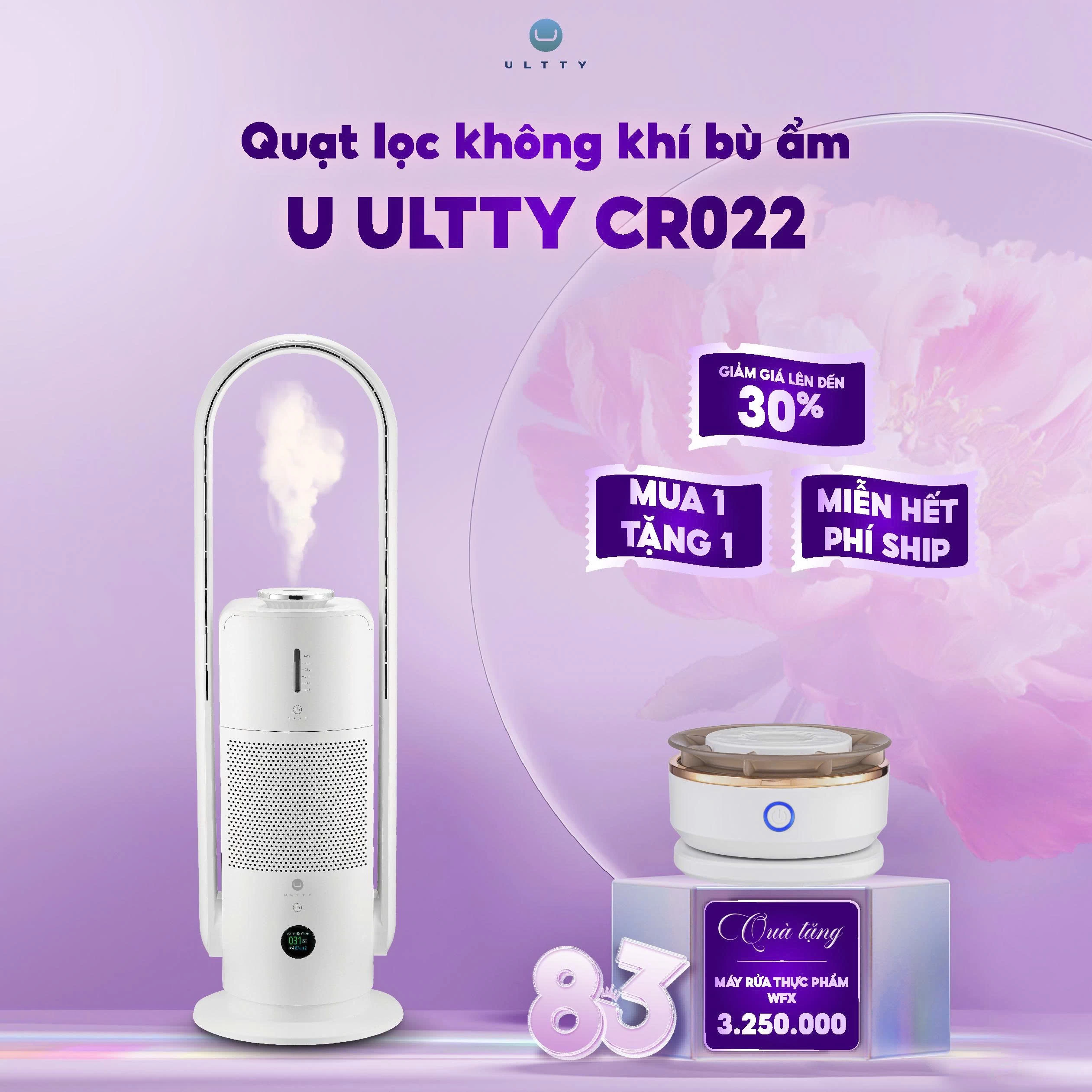 Quạt Lọc Không Khí Bù Ẩm U-ULTTY CR022, Diệt Khuẩn Bằng Tia UV, Công Nghệ Bội Khí, Chế Độ Làm Mát 9 Cấp, Bộ Lọc HEPA H14 Loại Bỏ 99,97% Bụi Mịn, Vi Khuẩn, Virut, Bù Ẩm 3 Cấp