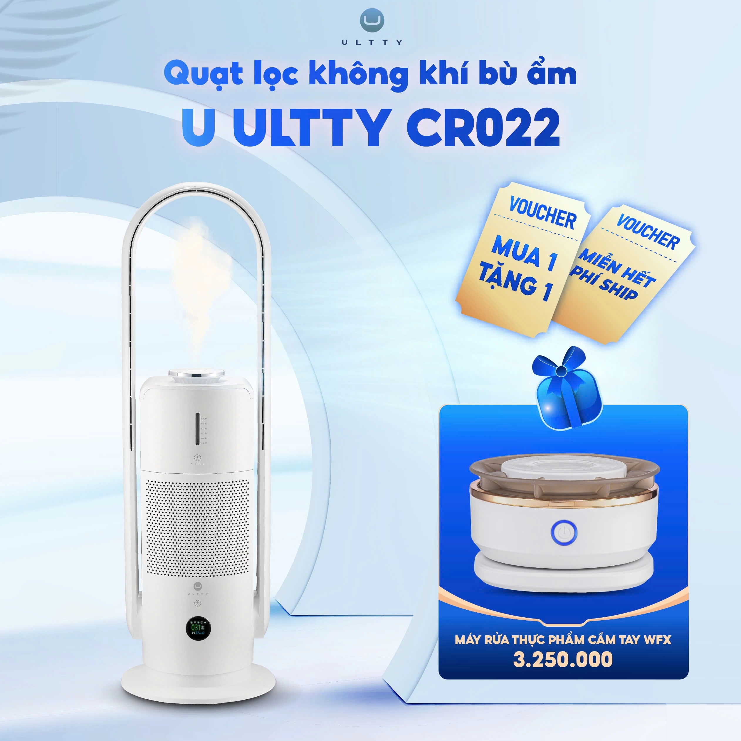 Quạt Lọc Không Khí Bù Ẩm U-ULTTY CR022, Diệt Khuẩn Bằng Tia UV, Công Nghệ Bội Khí, Chế Độ Làm Mát 9 Cấp, Bộ Lọc HEPA H14 Loại Bỏ 99,97% Bụi Mịn, Vi Khuẩn, Virut, Bù Ẩm 3 Cấp