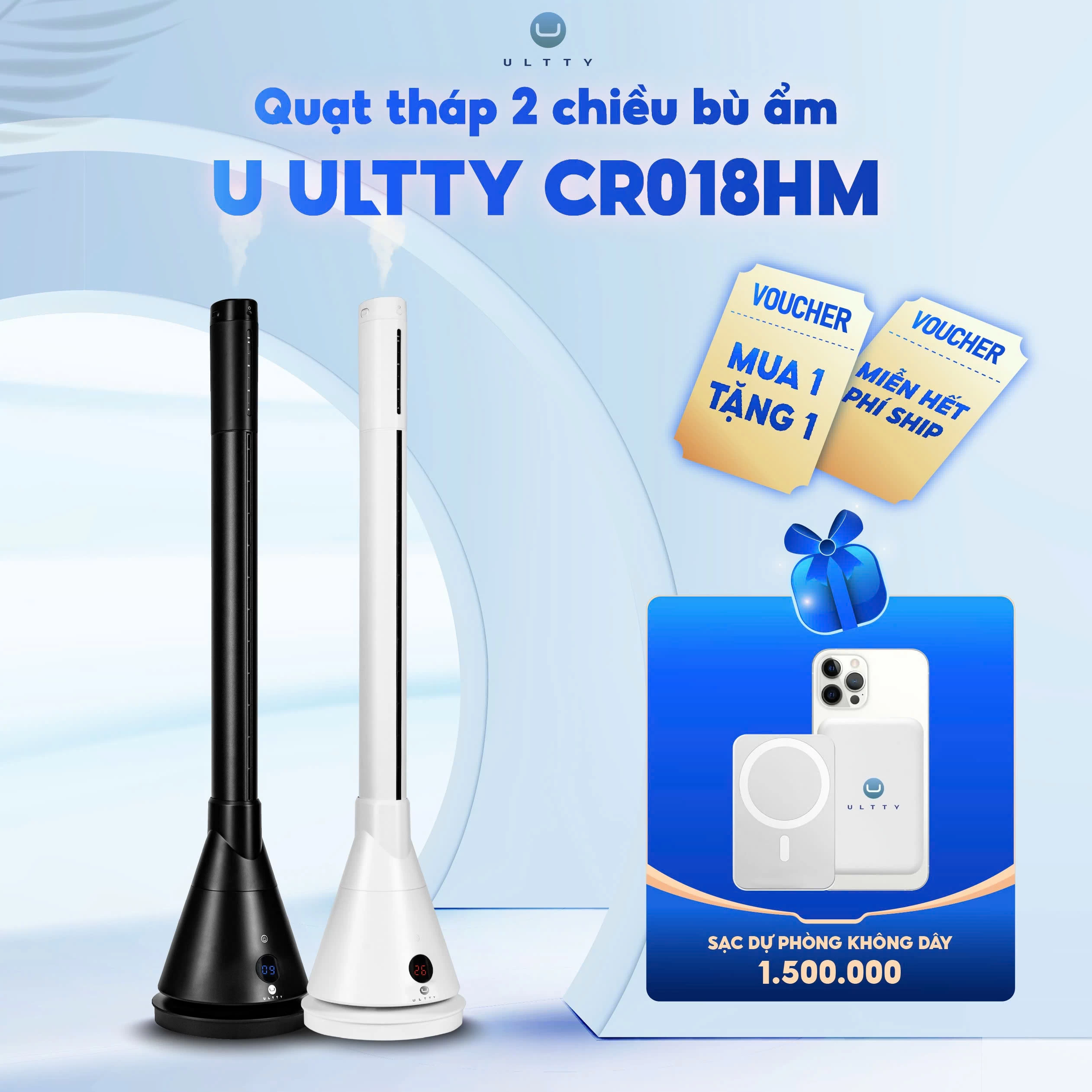 Quạt Tháp Sưởi 2 Chiều Bù Ẩm U ULTTY CR018HM - Công nghệ sưởi gốm Ceramic hiện đại