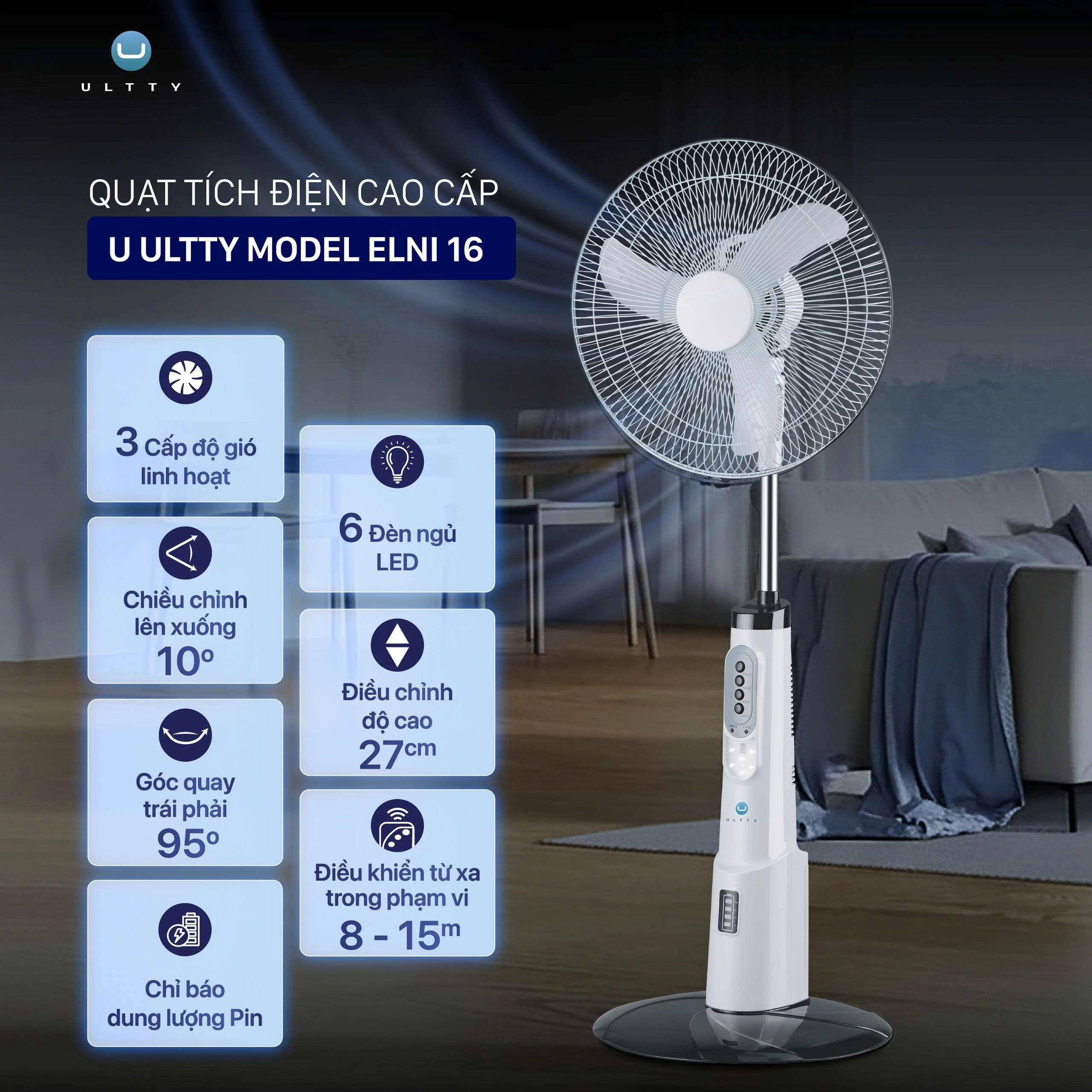 Quạt Tích Điện Dáng Đứng Cao Cấp U ULTTY ELNI 16