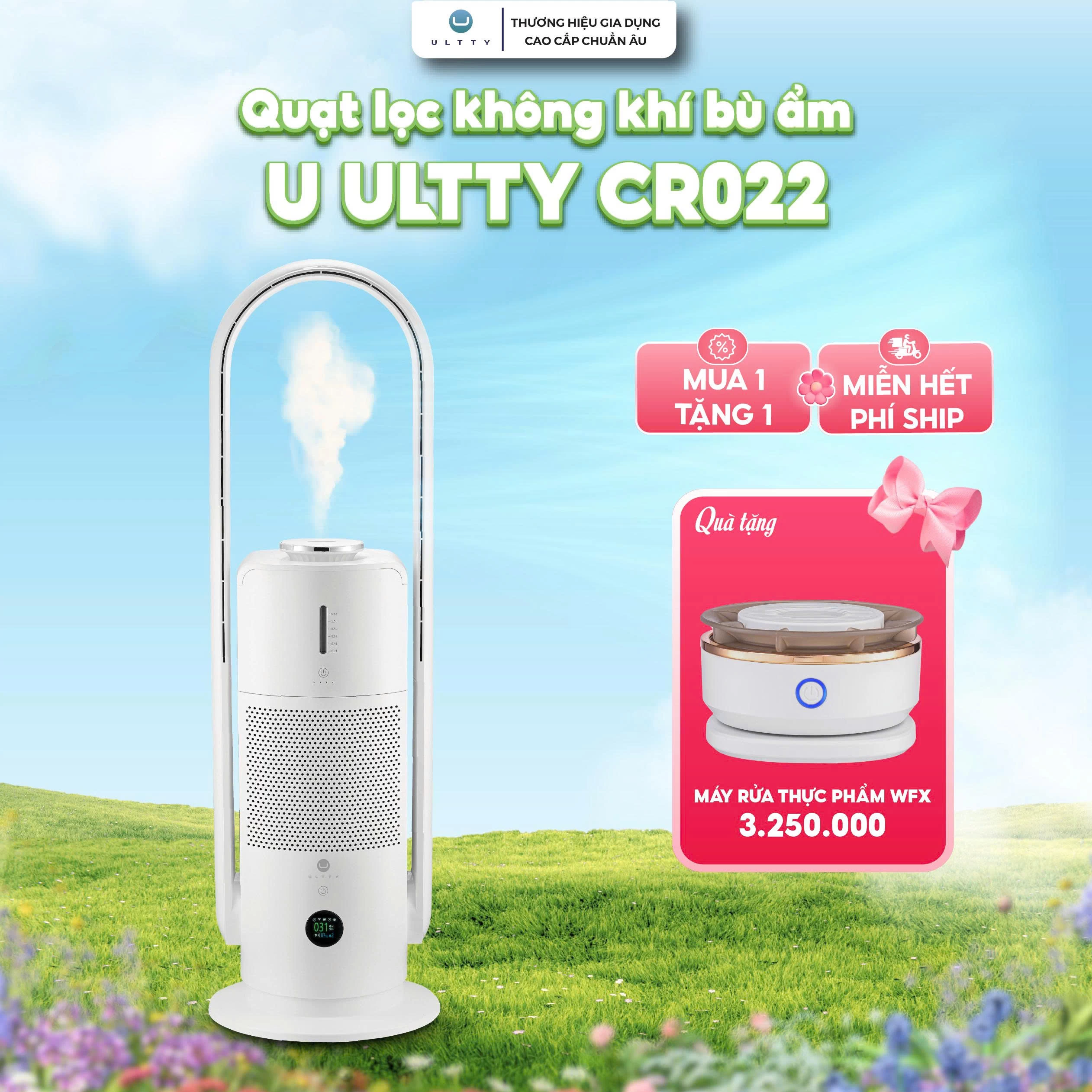 Quạt Lọc Không Khí Bù Ẩm U-ULTTY CR022, Diệt Khuẩn Bằng Tia UV, Công Nghệ Bội Khí, Chế Độ Làm Mát 9 Cấp, Bộ Lọc HEPA H14 Loại Bỏ 99,97% Bụi Mịn, Vi Khuẩn, Virut, Bù Ẩm 3 Cấp