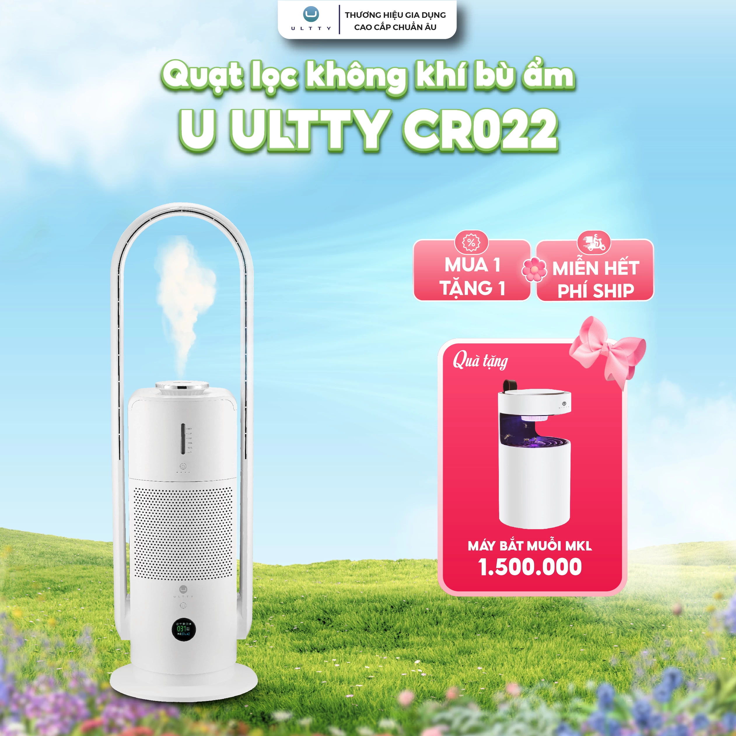 Quạt Lọc Không Khí Bù Ẩm U-ULTTY CR022, Diệt Khuẩn Bằng Tia UV, Công Nghệ Bội Khí, Chế Độ Làm Mát 9 Cấp, Bộ Lọc HEPA H14 Loại Bỏ 99,97% Bụi Mịn, Vi Khuẩn, Virut, Bù Ẩm 3 Cấp