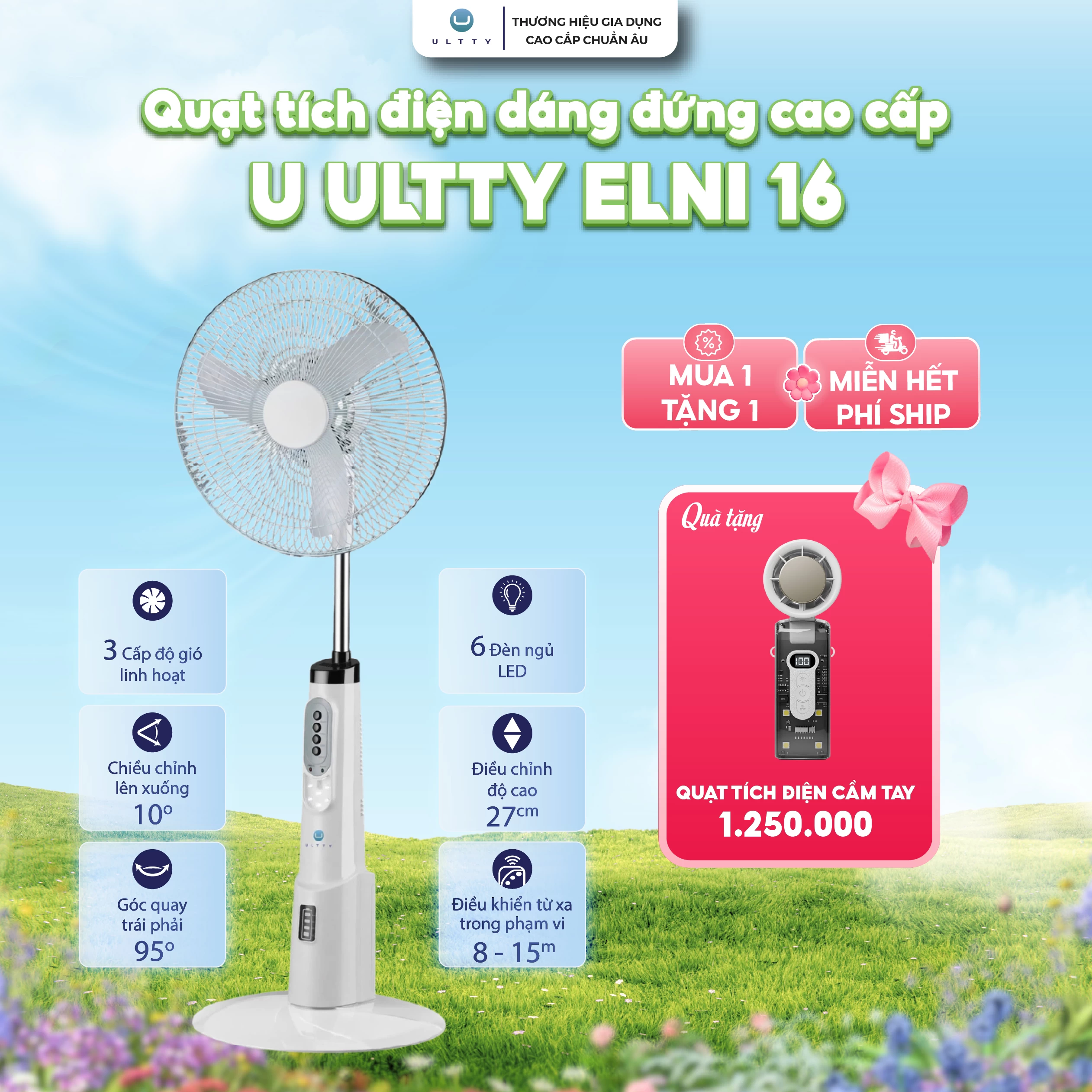 Quạt Tích Điện Dáng Đứng Cao Cấp U ULTTY ELNI 16